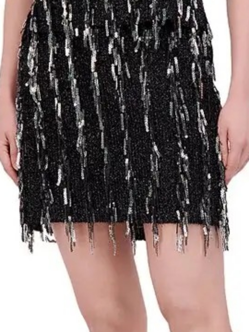 BCBGMAXAZRIA Sequin Fringe Mini Skirt Black & Silver NWT